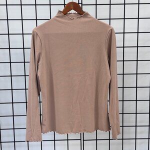 JiYiKn Tan L/S Ribbed Mock Neck Top Ruffled Lettuce Trim Collar/Cuffs Size L
